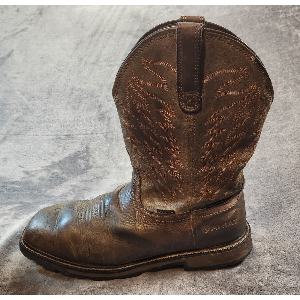 Ariat Boots Mens 11 Brown Leather Work Groundbreaker Pull On Steel Toe